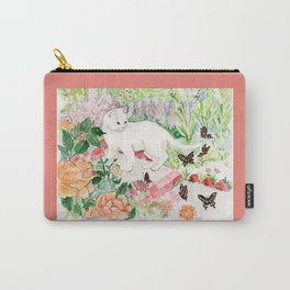 White Cat in a Garden Carry-All Pouch | Plants, Animal, Cat, Feline, Flowers, Gardening, Whitecat, Garden, Butterfly, Painting 