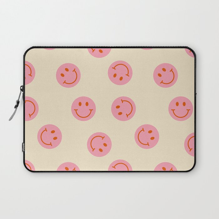 70s Retro Smiley Face Pattern in Beige & Pink Laptop Sleeve