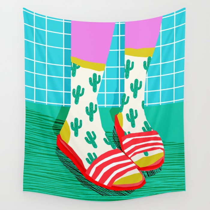 Sliders - memphis throwback retro neon 1980s 80s style pop art shoe fashion grid pattern socks Wall Tapestry