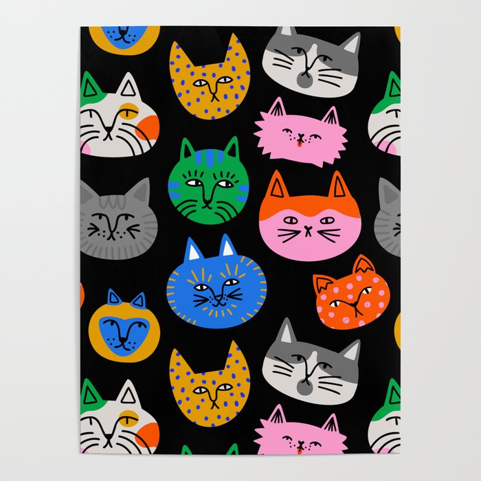 Funny colorful cat cartoon pattern Poster
