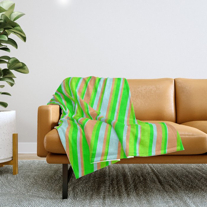 Turquoise, Brown, Green, and Lime Colored Lines Pattern Throw Blanket