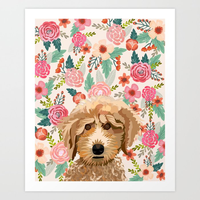 Poodle floral pet portrait dog breed gifts for pure breed dog lovers Art Print