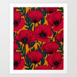 Red poppy garden    Kunstdrucke | Yellow, Red, Drawing, Nature, Illustration, Pattern, Poppy, Vector, Botanical, Floral 