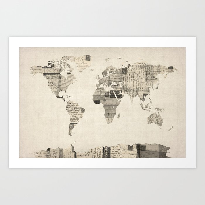 Map of the World Map from Old Postcards Art Print