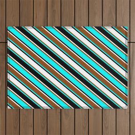 [ Thumbnail: Brown, Cyan, Black, and White Colored Stripes Pattern Outdoor Rug ]