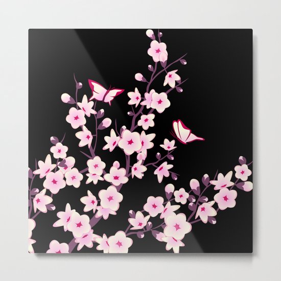Cherry Blossoms Pink Black Metal Print