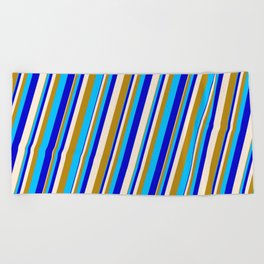 [ Thumbnail: Beige, Dark Goldenrod, Deep Sky Blue & Blue Colored Stripes Pattern Beach Towel ]
