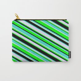 [ Thumbnail: Turquoise, Lavender, Lime & Black Colored Lines Pattern Carry-All Pouch ]