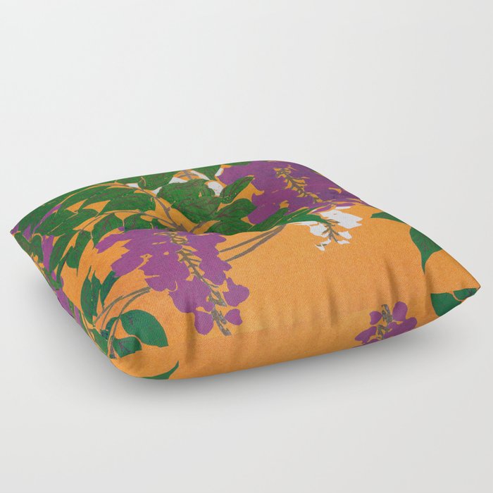 Japanese Woodblock Printing Of Purple Wisteria By Kamisaka Sekka Woodcut Print Floral Ukiyoe Vintage Japan Floor Pillow