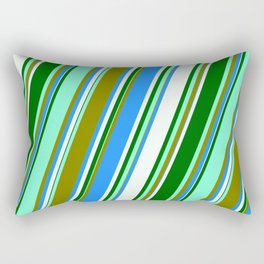 [ Thumbnail: Aquamarine, Green, Blue, Mint Cream, and Dark Green Colored Lined/Striped Pattern Rectangular Pillow ]