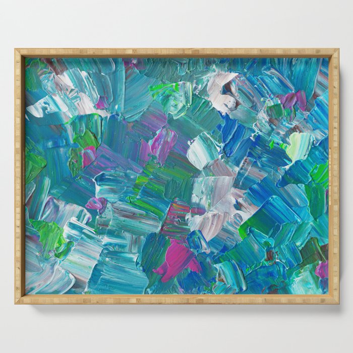 Abstract Blue Teal Brushstrokes Painting Serving Tray