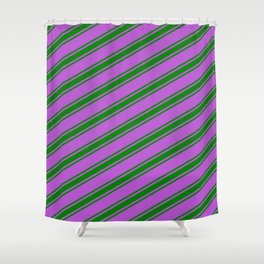 [ Thumbnail: Orchid and Green Colored Lined/Striped Pattern Shower Curtain ]