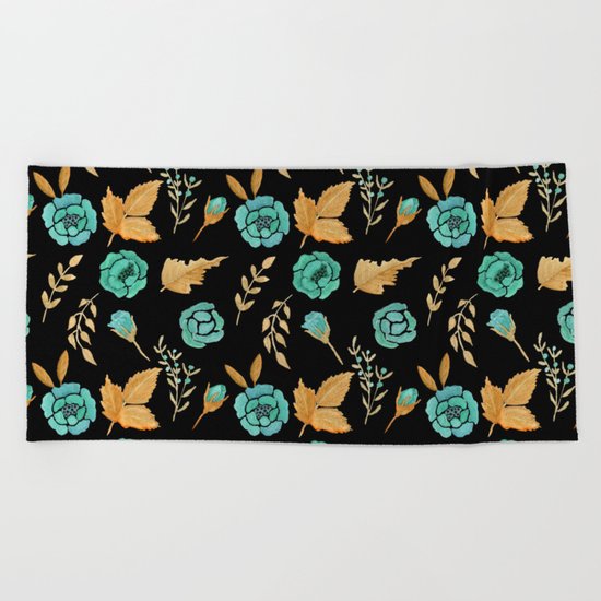 Watercolor floral turqiouse roses print Beach Towel