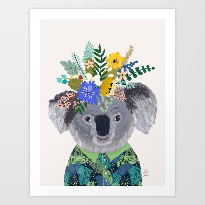 Koala with flowers on head Art Print