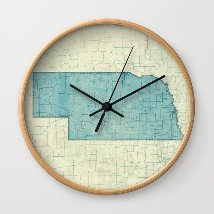 Nebraska State Map Blue Vintage Wall Clock