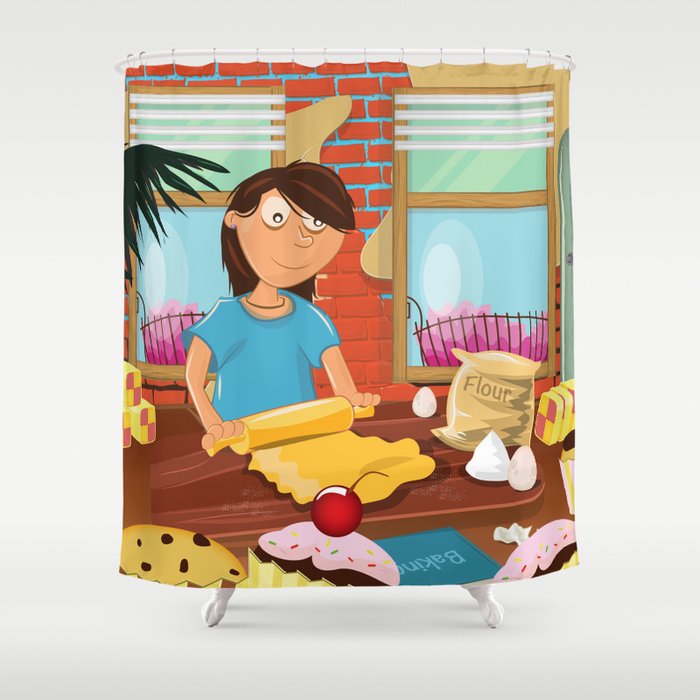 Cartoon Woman Baking In Her Kitchen Shower Curtain By