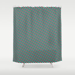 [ Thumbnail: Eyecatching Cyan, Chocolate, Midnight Blue, Bisque, and Black Colored Striped/Lined Pattern Shower Curtain ]
