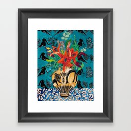 Amphitrite: Orange Lily and Wildflower Bouquet in Lion and Giraffe Urn on Emerald Matisse Inspired Wallpaper Framed Art Print
