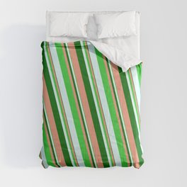 [ Thumbnail: Dark Green, Dark Salmon, Lime Green, and Light Cyan Colored Striped/Lined Pattern Comforter ]