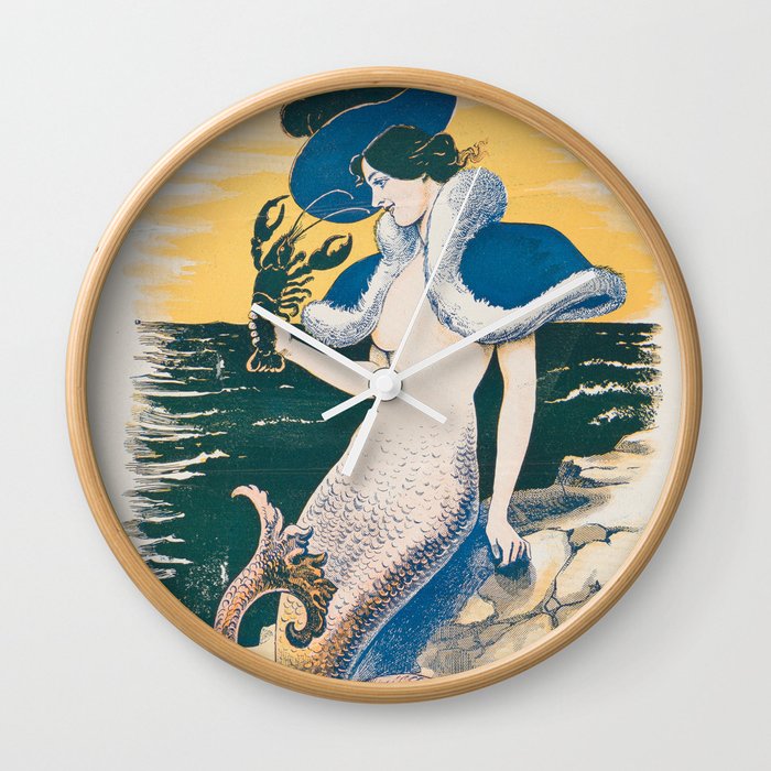 Mermaid and Lobster Vintage Illustration Wall Clock