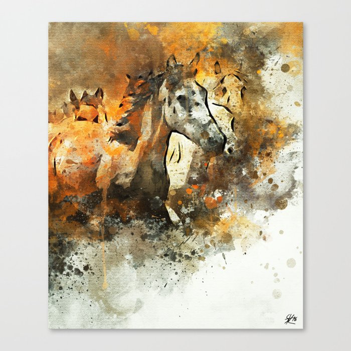 Watercolor Galloping Horses On Raw Canvas Splatter Painting