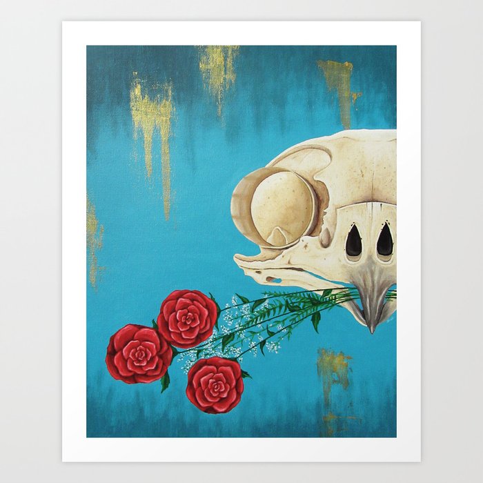 owl skull with roses Art Print
