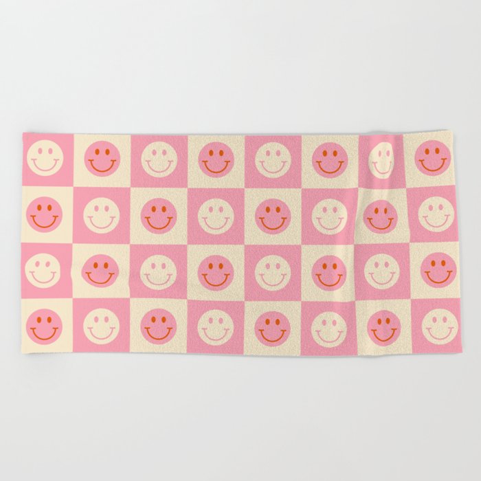 70s Retro Smiley Face Tile Pattern in Pink & Beige Beach Towel