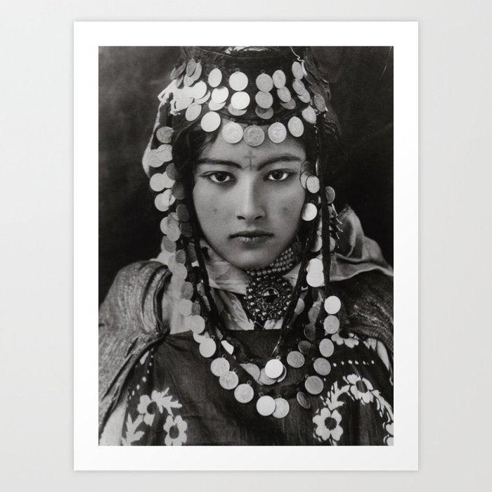 Ouled Naïl tribe Algerian Girl, 1905 with tattoos and traditional jewelry black and white photograph Art Print