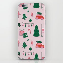 Very Christmas Pattern with green tree, red car, lights, gifts, and ornaments iPhone Skin