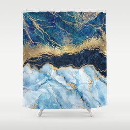 Abstract blue marble texture, gold foil and glitter decor, painted artificial indigo marbled surface, fashion marbling illustration Shower Curtain