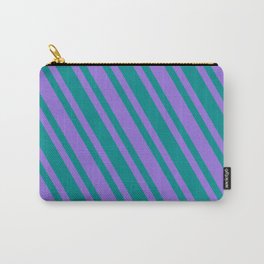 [ Thumbnail: Dark Cyan & Purple Colored Lined/Striped Pattern Carry-All Pouch ]