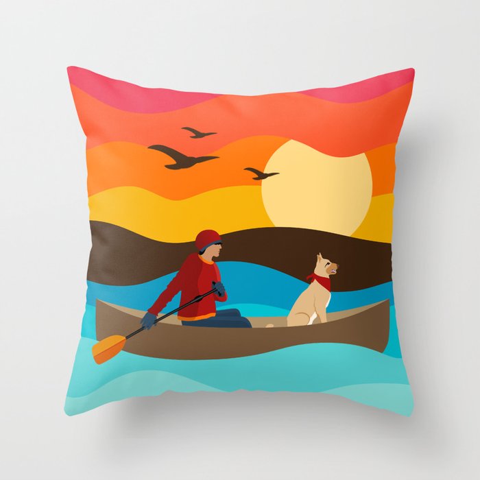 Man Paddling a Canoe with his Dog at Sunset // Bright Orange, Red, Yellow, Blue, Brown // Mountains, River, Flying Eagle Throw Pillow