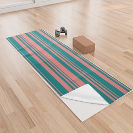 [ Thumbnail: Light Coral and Teal Colored Lined Pattern Yoga Towel ]