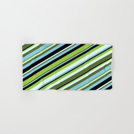 [ Thumbnail: Colorful Green, Light Cyan, Dark Olive Green, Sky Blue & Black Colored Lines/Stripes Pattern Hand & Bath Towel ]