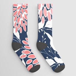 Festive, Floral Prints and Leaves, Pink, White and Navy Blue Socks