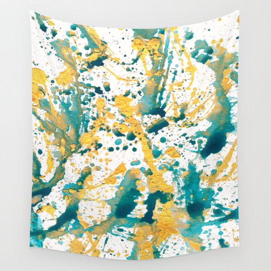 Teal and Gold Splatter Paint Wall Tapestry