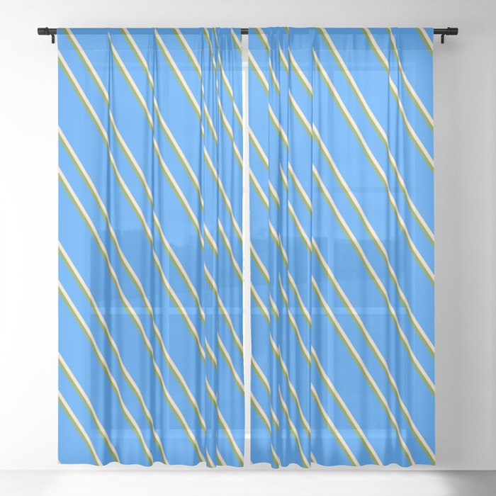 Blue, Bisque & Green Colored Lines/Stripes Pattern Sheer Curtain