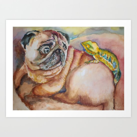 Pug and Chameleon Art Print