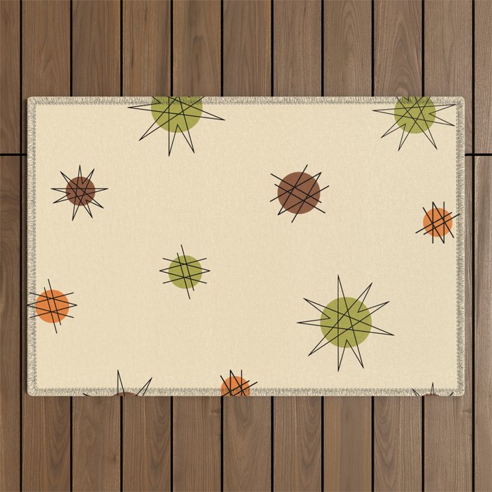 Atomic Age Starburst Planets Tan Green Orange Outdoor Rug