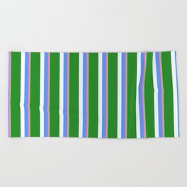 [ Thumbnail: Eyecatching Green, Violet, Cornflower Blue, Mint Cream & Forest Green Colored Pattern of Stripes Beach Towel ]