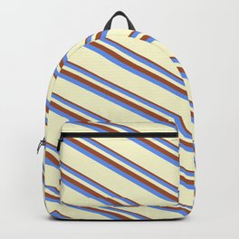 [ Thumbnail: Sienna, Cornflower Blue & Light Yellow Colored Striped/Lined Pattern Backpack ]