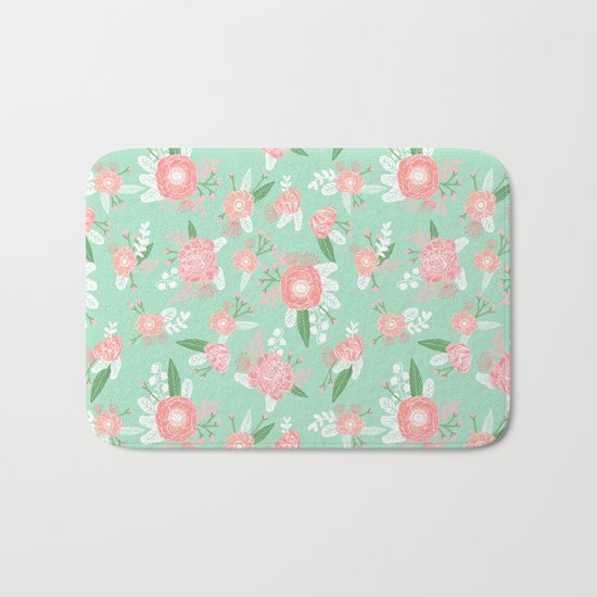 Floral bouquet pastel mint pink florals boho painted pattern basic minimal pattern print Bath Mat