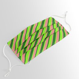 [ Thumbnail: Dark Green, Green & Light Coral Colored Striped Pattern Face Mask ]