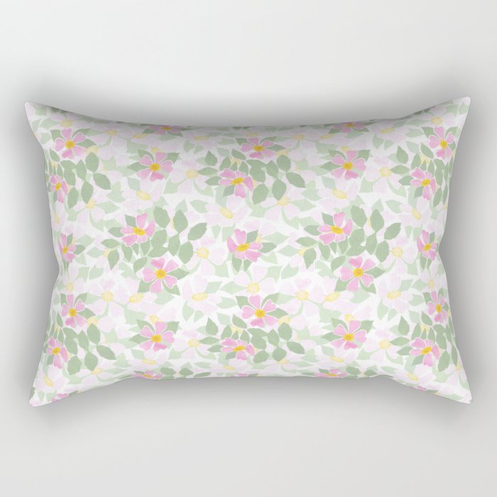 Pink Dogroses on White Rectangular Pillow