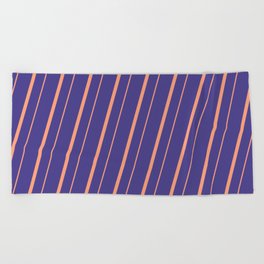 [ Thumbnail: Dark Slate Blue & Light Salmon Colored Lined Pattern Beach Towel ]