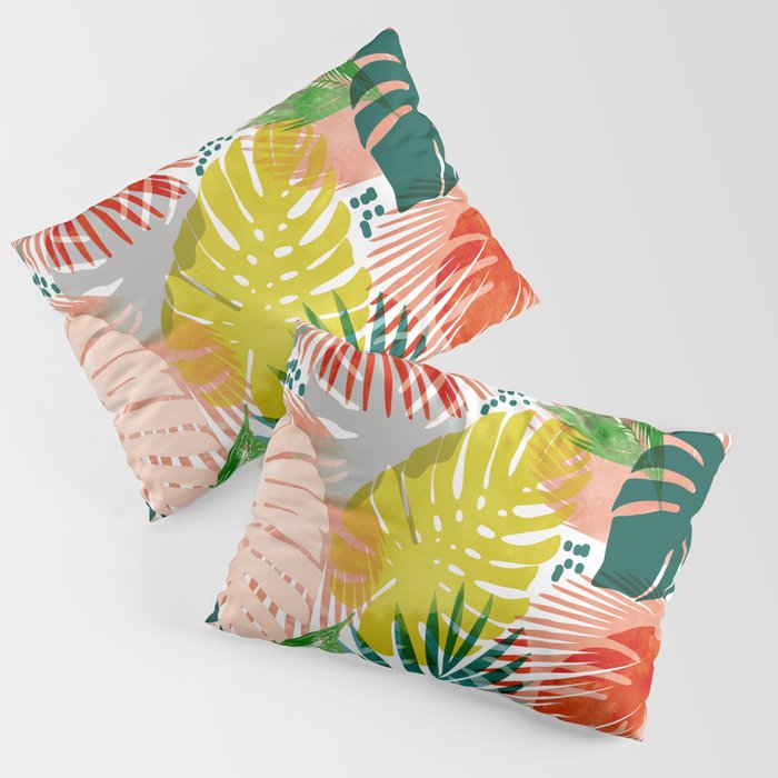 Tropical Garden, Botanical Colorful Jungle Watercolor Painting, Monstera Palm Nature Blush Bohemian Pillow Sham