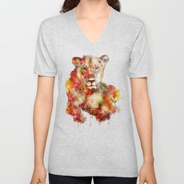 Resting Lioness Watercolor Painting V Neck T Shirt