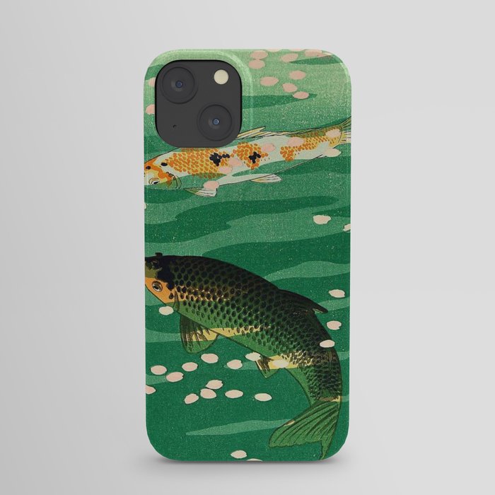 Vintage Japanese Woodblock Print Asian Art Koi Pond Fish Turquoise Green Water Cherry Blossom iPhone Case
