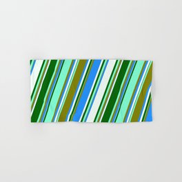 [ Thumbnail: Aquamarine, Green, Blue, Mint Cream, and Dark Green Colored Lined/Striped Pattern Hand & Bath Towel ]
