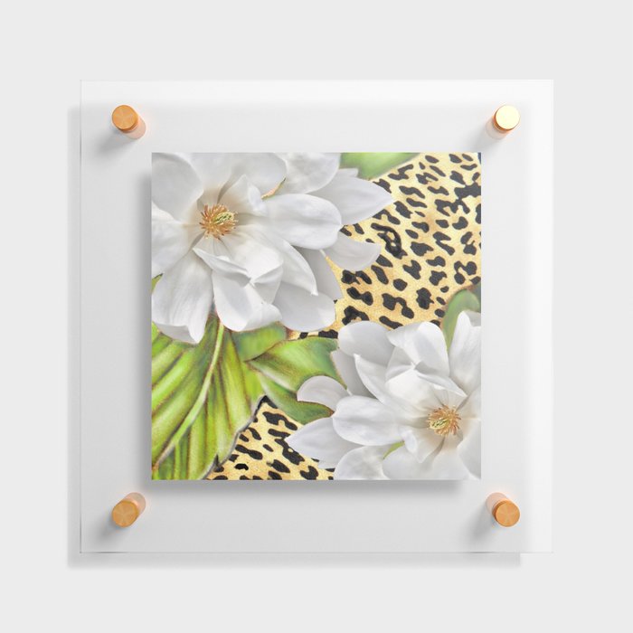Magnolias on a Leopard Skin Pattern Floating Acrylic Print